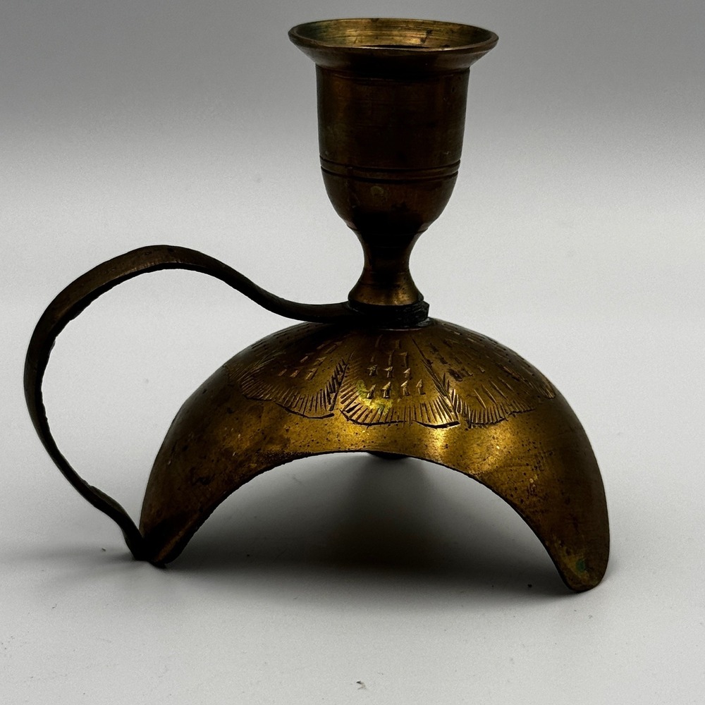 Vintage Etched Brass Chamberstick‎ Candle Holder Domed Tripod Base Finger Loop